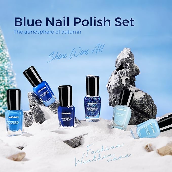 Morovan Blue Nail Polish Set: Glitter Light Royal Navy Blue Nail Polish Pack Shimmer Quick Air Dry Baby Sky Icy Klein Cobalt Mini Toe Bulk DIY Art Salon Summer Gift for Women