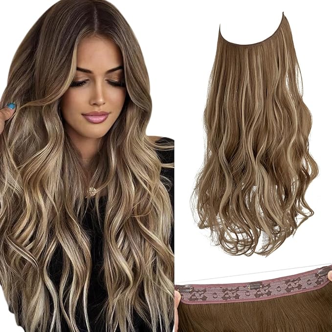 SARLA Invisible Wire Hair Extensions with 3 Clips Synthetic Wavy Curly Hairpiece Adjustable Transparent Headband for Women 16 Inch Ash Medium Brown/Ash Blonde Highlights