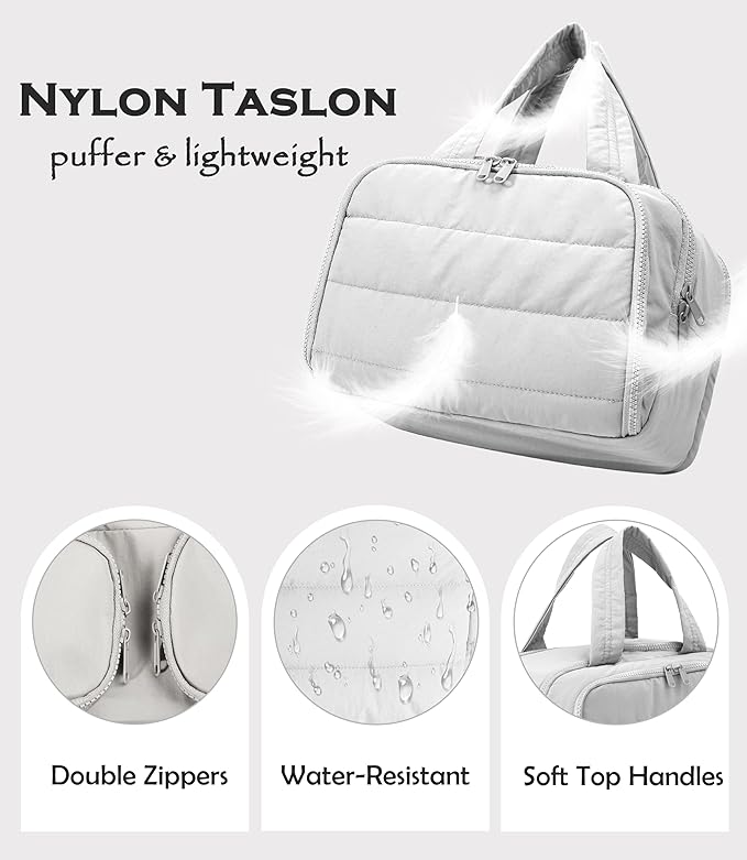 BUZFOWU Travel Toiletry Bag for Women, Large Wide-open Puffy Cosmetic Makeup Bag with Wet-Dry Separation, Multi-Pocket Organizer with Carry Handle for Toiletries, Cosmetics, Essentials, Light Grey
