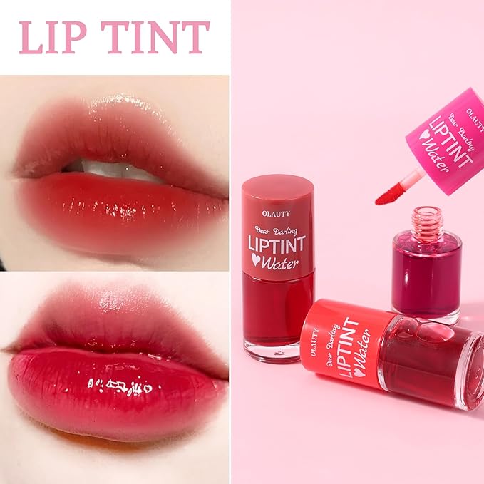 Lip Tint Stain Set, Korean Lip Tint Glossy Lip Stain Plumping Mini Liquid Lipstick, Multi-use Lip and Cheek Tint, Long-Wear Lip Stain Non-Stick Cup Smudge-proof & Lightweight Lip Tint (Cherry)