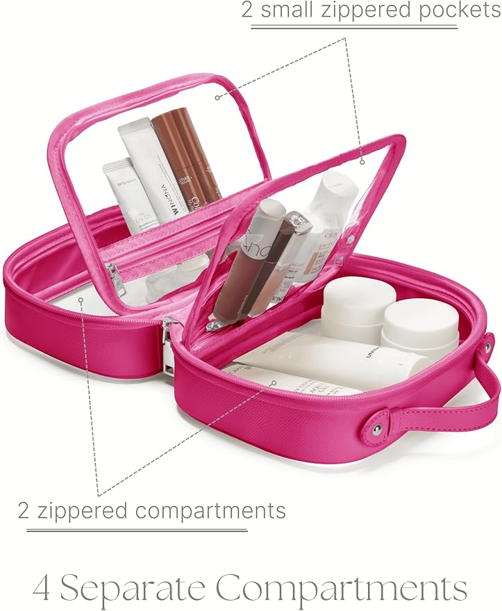 Clear Cosmetic Bag Double Layer Travel Toiletry Bag Clear Makeup Bag Case with 4 Compartments, Transparent Travel Bag for Toiletries, Large Toiletry Bag for Women Cosmetic Case (Hot Pink, Large)