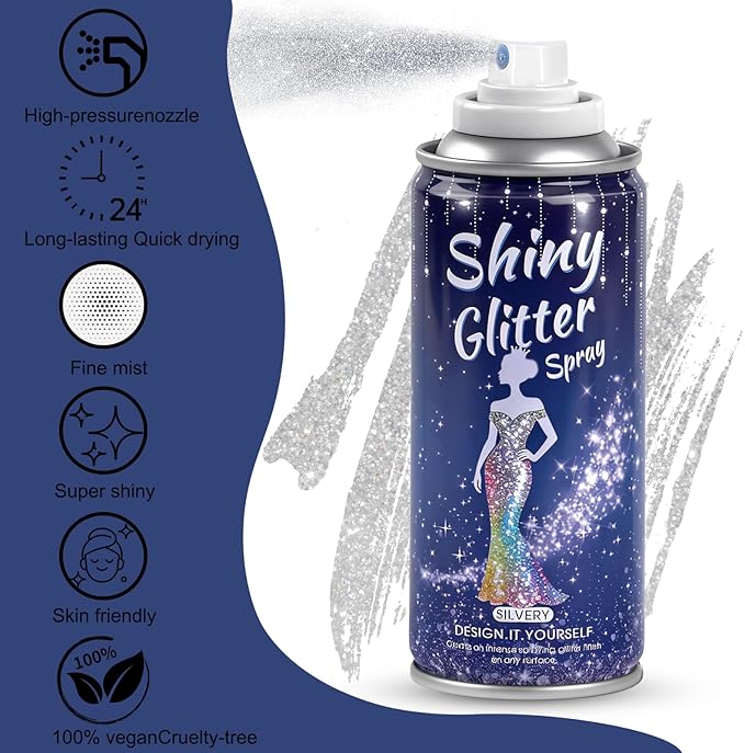 Hair and Body Glitter Spray,Long Lasting Quick-Drying Silver Shimmer Mist for Music Festival Revelry, Nightclub Parties and Balls,Hairspray for Clothes, Face Glitter Spray 4.22 Fl Oz (Silver)