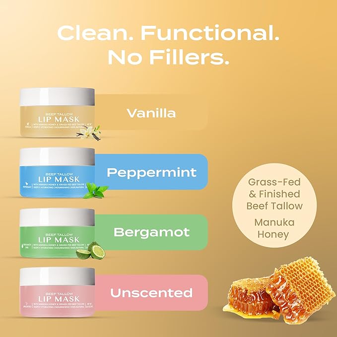 Body Restore Grass Fed Beef Tallow Lip Mask, with Manuka Honey – Valentines Day Gifts for Her and Him, Hydrating Moisture, Travel Essentials, Self Care, Birthday Gifts for Women and Men – Vanilla