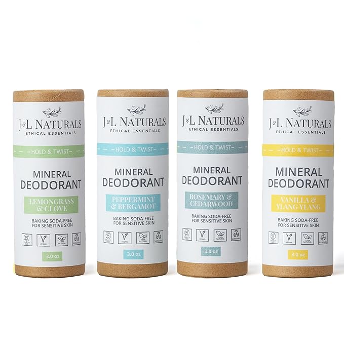 J&L Naturals Mineral Deodorant | Baking Soda-Free, 100% Natural, Sustainable Skin Care | Sensitive Deodorant For Women & Men | Aluminum Free, Vegan, Cruelty-Free (Woody & Spicy, 3 Oz (Pack of 4))