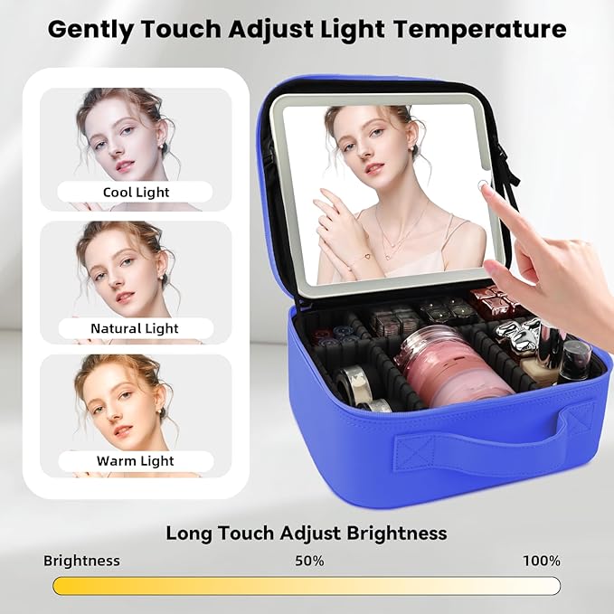 SUILU Travel Makeup Bag with LED Mirror and Light Makeup Travel Bag Organizer Portable Cosmetic Brush Organizer Bag with Adjustable Dividers for Cosmetics Makeup Brushes Toiletry (Dark Blue)