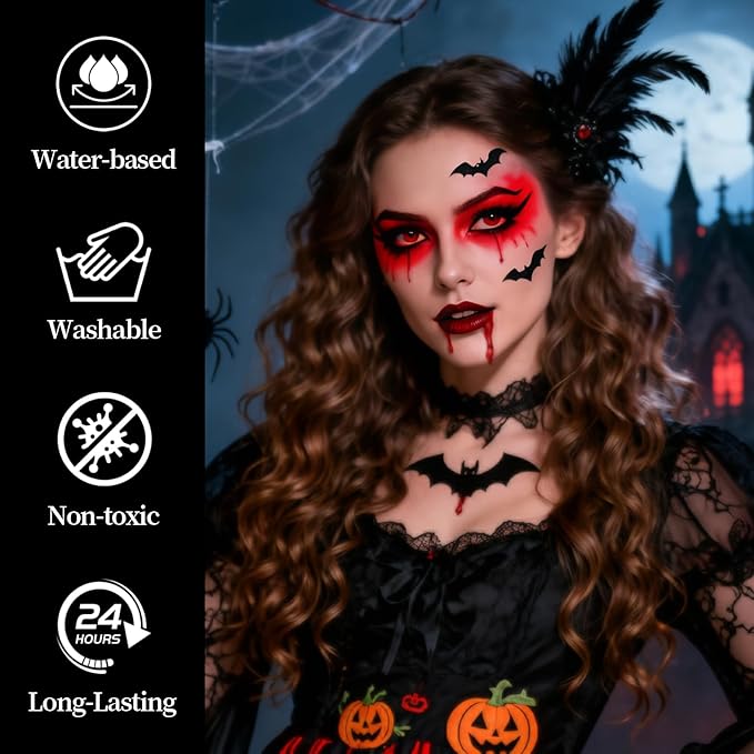 Halloween Makeup Kit for Witch, Complete SFX Costume Set with Green Face Paint, Witch Fake Nose, Water-Based Face Paint Set for Halloween Cosplay SFX Makeup, Costume Parties, Theater