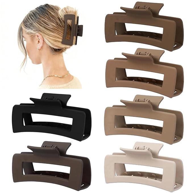 4 Inch Big Hair Claw Clips 6 Pcs Large Claw for Thick Hair Square Hair Clips for Women Rectangle Hair Clips Nonslip Acrylic Banana Jaw Clips Hair Accessories for Girls (Coffee Brown)