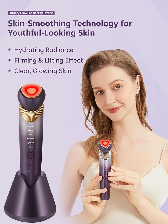 Yuonry 6-in-1 Age-Defying - Eye, Face & Neck Lift & Firm, 5-Color Light Therapy for Face with Microcurrent, Vibration, Heat & Cooling, Skin Care Tool for Youthful & Tightening Skin (Purple)