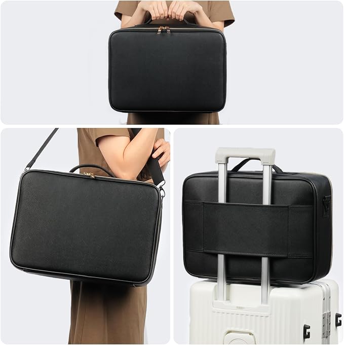 Makeup Travel Case, 16 Inch Makeup Artist Bag with Compartment and Dividers, Portable Cosmetic Bag for Women with Brush Storage Sturdy Dual Zip Closure, Waterproof, Durable, Gift for Her, Black