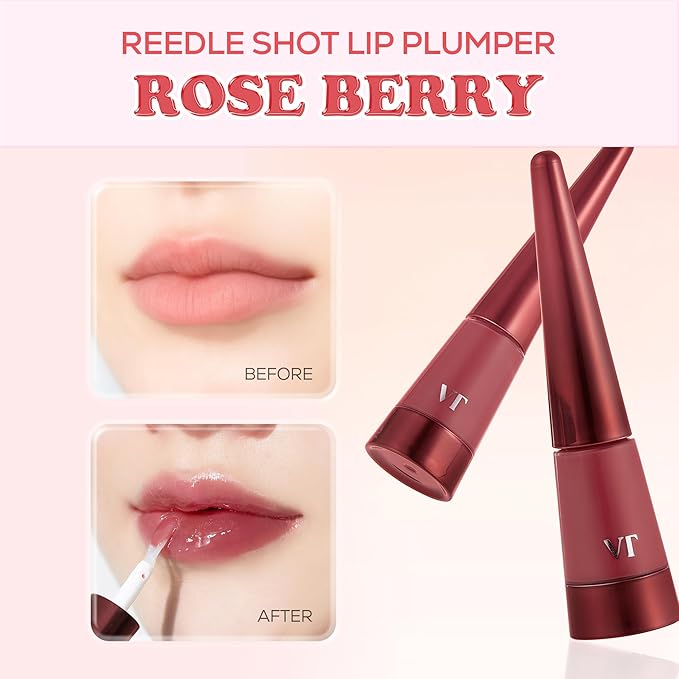 VT COSMETICS Reedle Shot Lip Plumper, Hydrate & Volumize Lip Gloss, Smooth Lip Wrinkles, Korean Lip Plumper, High Shine, Lip Enhancer, Hyaluronic Acid, 0.15 oz. (Rose Berry)