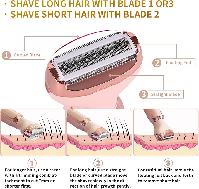 Electric Razors for Women, 5 in 1 Painless Ladies Wet & Dry Body Razors and Facial Hair Remover, Rechargeable Facial and Body Hair Remover for Face Nose Eyebrow Arms Armpit Legs Pubic Area (Pink)