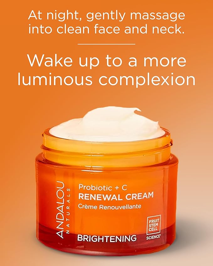 Andalou Naturals Probiotic + Vitamin C Renewal Cream - Complexion Enhancing Hydrating Face Moisturizer - Helps Promote Firmer Skin & More Even Tone - Lightweight, Non-Greasy Formula - 1.7 Oz