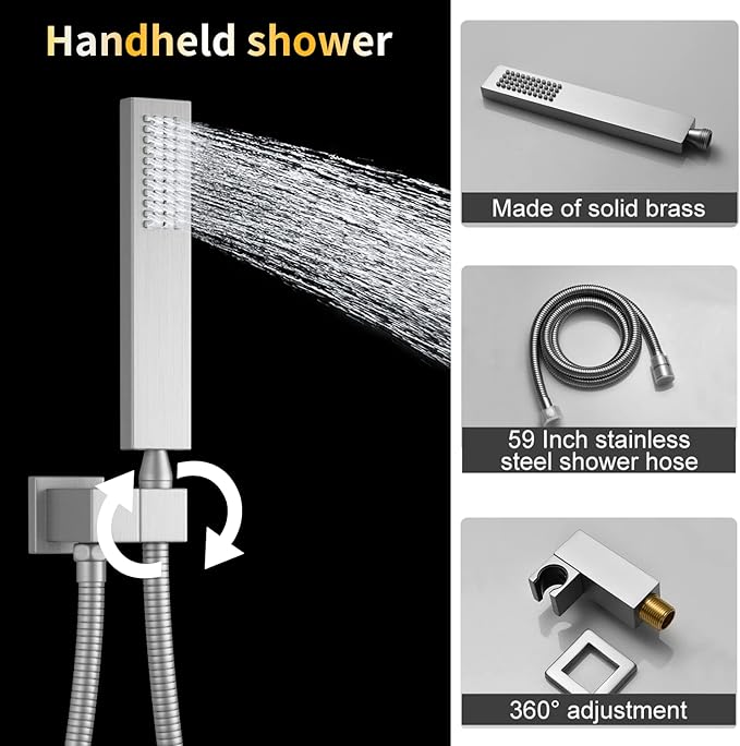 AYIVG Brushed Nickel Thermostatic Rainfall Full Body Shower System With 2 In 1 Waterfall Rainfall Ceiling Mount 16 X 24 Inch Rain Shower Head 6 Jets Temperature Display Shower Faucet Set