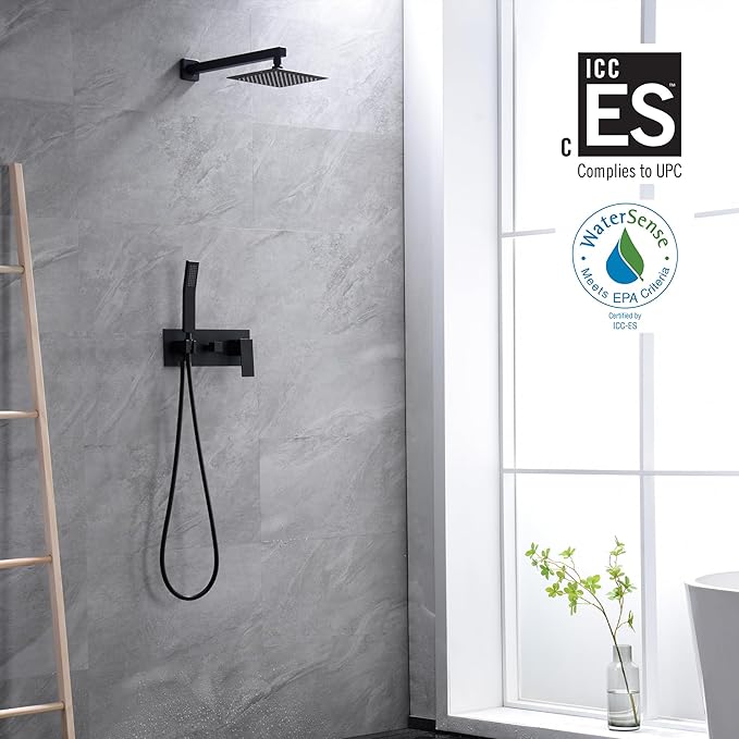 SUMERAIN Matte Black Rain Shower System with Handheld Shower, Pressure Balancing Shower Mixer Valve