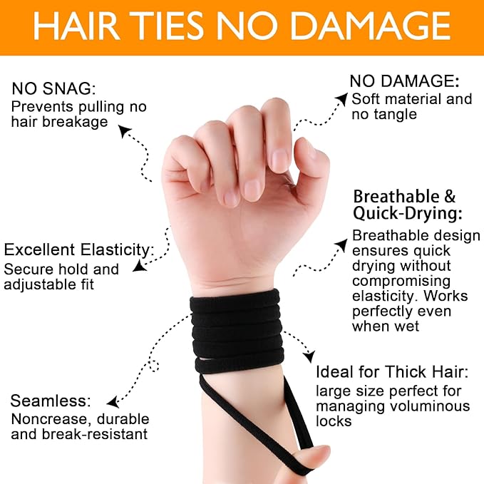 Black Hair Ties No Damage 100PCS High Stretching Hair Ties Thick Hair Bands Large Ponytail Holders for Women Girls Thick Heavy Curly Hair
