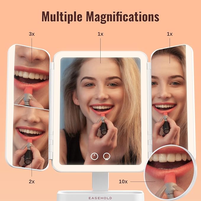 EASEHOLD Lighted Makeup Mirror with Magnification, Makeup Mirror with ligths, 2X 3X 10X Magnifying, Rechargable LED Mirror with 3 Colors Lights for Makeup Desk, Gifts for Women