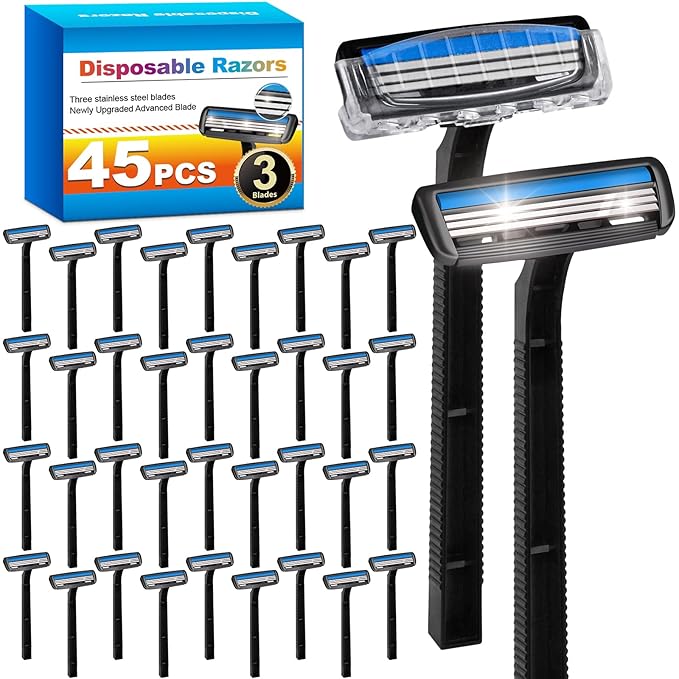 CXYARY 45 Pcs 3 Blade Disposable Razors With Clear Safety Cap, Shaving Razors Bulk for Men &Women, Stainless Steel Blade, Multipurpose Portable Shave Razor for Bathing Hotel Travel, Black