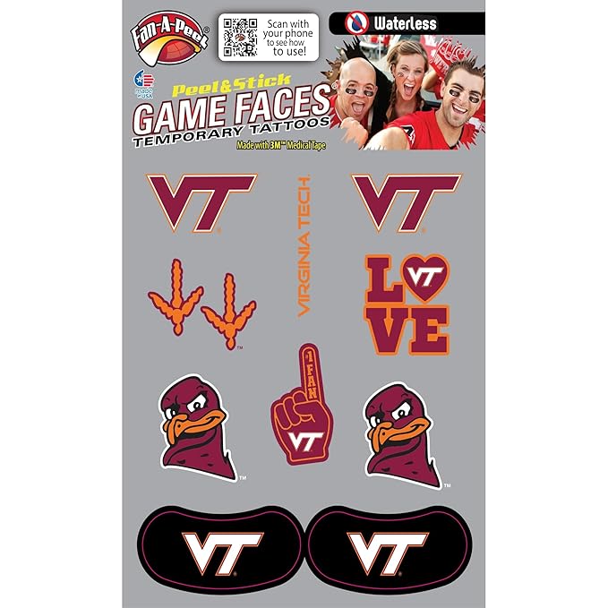 Fan-A-Peel Hokies Multi-Use Waterless Temporary Tattoos - Hypoallergenic Peel and Stick Waterproof Temporary Tattoos