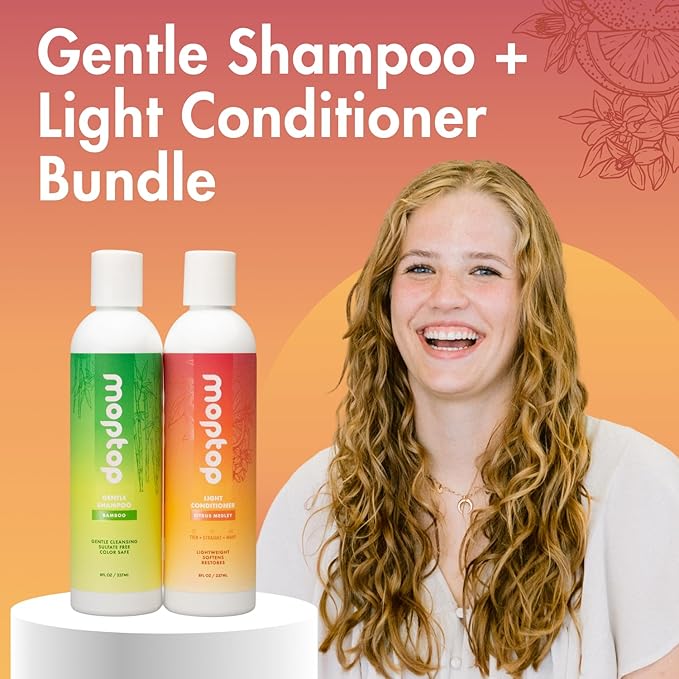 MopTop Lightweight Curly Hair Shampoo and Conditioner Set – Gentle Shampoo + Light Conditioner, Reduces Frizz & Restores Dry Damaged Hair, Sulfate & Paraben Free – Wavy, Curly, Coily, Kinky (Set of 3)