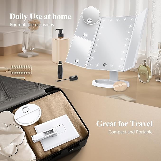 HUONUL Makeup Mirror, Vanity Mirror with Lights, 2X/3X/10X Magnification, Touch Control, Trifold, Dual Power Supply, Valentines Day Gifts for Her,Gifts for Women, Wife, Mom, Girls,Dorm Room Essentials