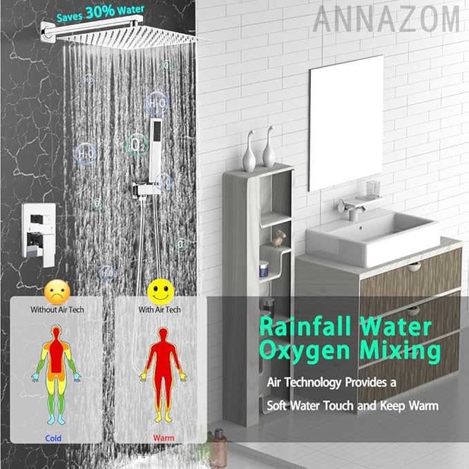annazom Shower Faucet Set Polished Chrome Surface Large 12 Inch Shower Head Handheld Shower Combo Set High Pressure Recessed Wall Mount, Chrome