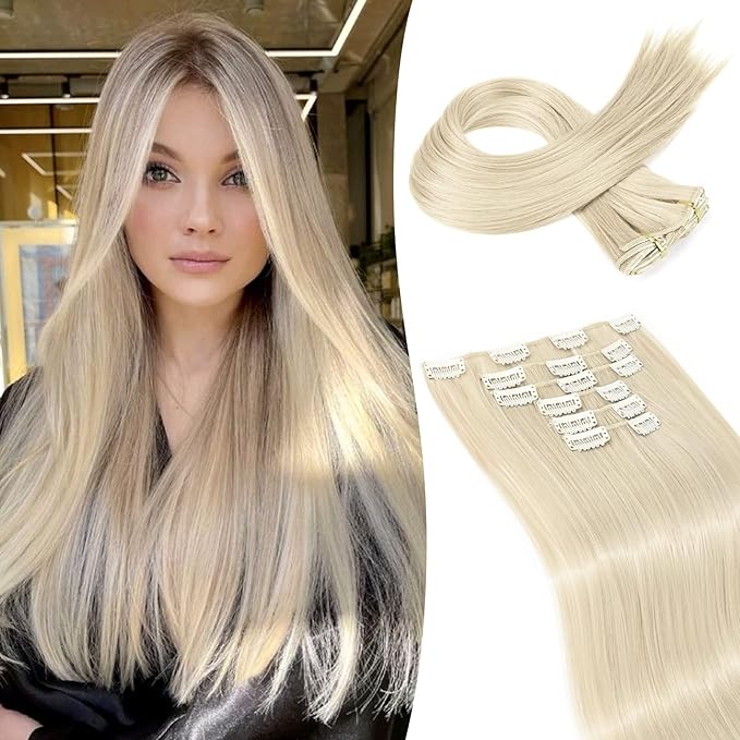 Clip in hair extensions，LONAI 6PCS Straight 24" Blonde Hair Extensions for Women，Heat Resistant Synthetic Hairpiece-Platinum Blonde