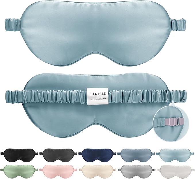 SILKTALE Mulberry Silk Blackout Adjustable Sleep Eye Mask for Men/Women Travel Plane,Pale Blue