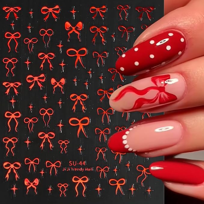 Bow Nail Stickers for Nail Art 3D Self Adhesive Gold Red Laser Star Bow Nail Decals Valentines Nails Sticker Design DIY Manicure Decoration Decal for Women Acrylic Nails 6 Sheets