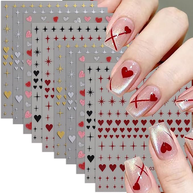 8 Sheets Heart Nail Art Stickers Red Gold Silver Black Star and Heart Nail Decals Valentines Nail Sticker Romantic Hearts Shaped Design Valentine's Stickers for Women Manicure Decoration