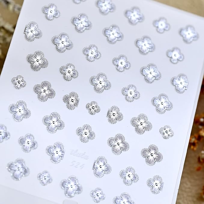 5D Embossed Nail Stickers Silver Nail Sticker for St. Patrick's Day Nail Art with Silver Four-Leaf Clover Design Nail Art Stickers Decals Lucky Nail Supplies Self-Adhesive for Women Girls