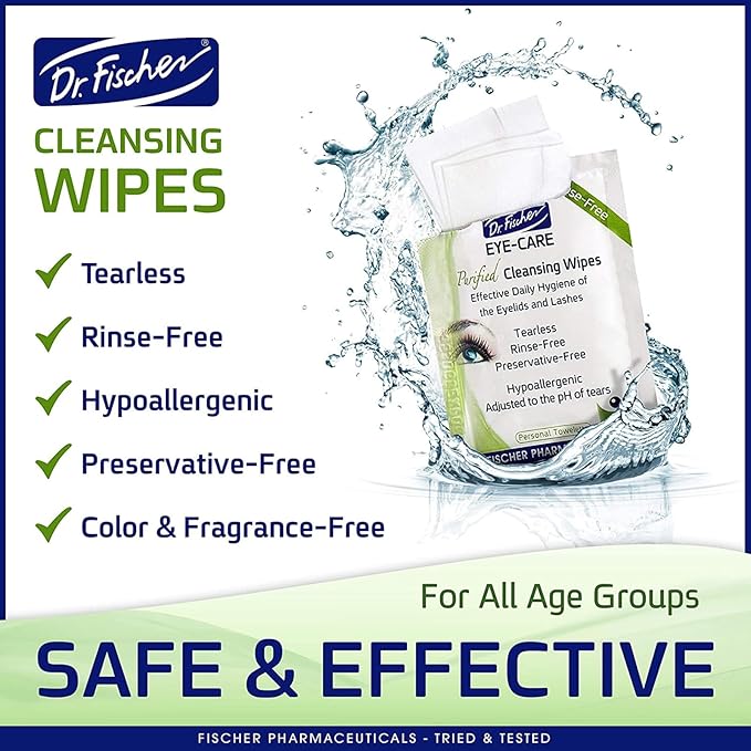 Dr. Fischer Eye Wipes - Hypoallergenic Eyelid Wipes for Everyday Eye Cleansing and Gentle Makeup Remover. (6 packs of 30 wipes each)
