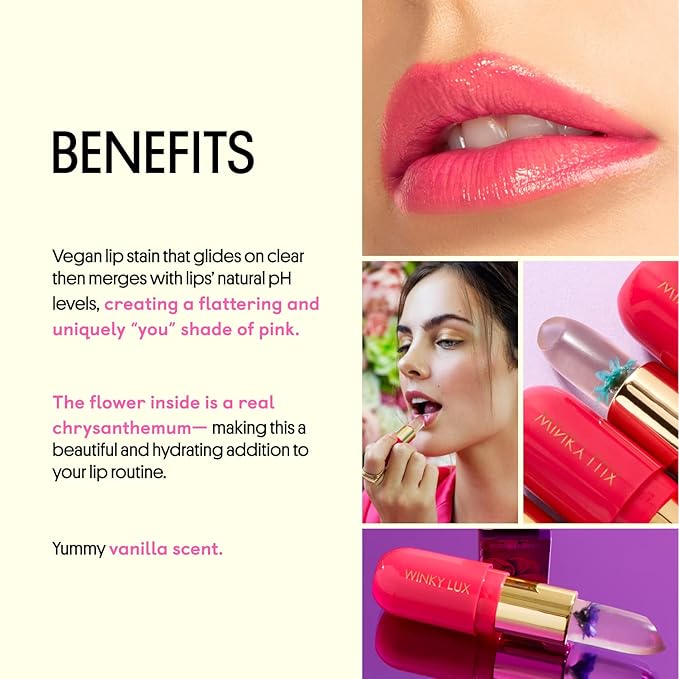 Winky Lux Flower Balm, pH Lip Balm, Color Changing Lipstick and Tinted Lip Balm Stain, Vegan & Cruelty Free Hydrate & Plump, Sheer Pink Lipstick, Purple Flower