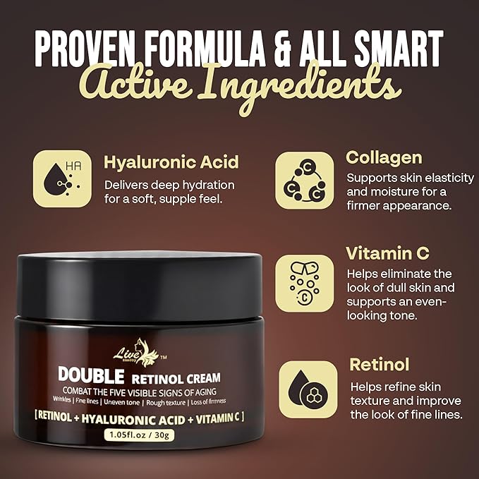 Men’s Double Retinol Face Cream – Reduces Wrinkles, Anti-Aging Moisturizer | Collagen + Hyaluronic Acid + Vitamin E | Fine Lines & Improves Firmness | Eye Bags & Dark Spot Remover | 30g