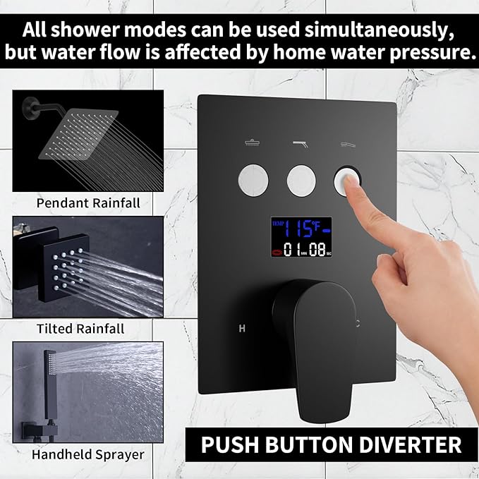 HONGTONGSOWER Bathroom Rainfall Shower System Wall Mount 8 Inch Shower Head With Handled Spray 6 Pcs jets Temperature Display Shower Faucet Set (Matte Black)