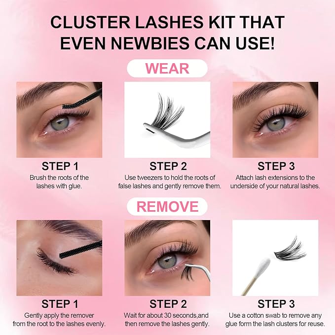 Lash Extension Kit DIY Lash Clusters 10-16mm 96pcs Individual Lashes Clusters Soft Thin Band Natural Volume Eyelash Extension with Lash Bond and Remover, Lash Tweezers for Self Use 30#