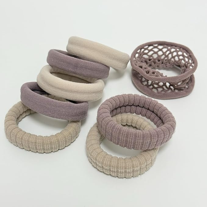 Jseng 8Packs Seamless Hair Ties for Women - Soft No Damage Elastic Hair Accessories for Thick Curly Hair - Beige & Dusty Lavender