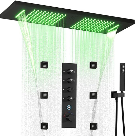 35.5X12 Inch Ceiling LED Music Dual Rain Shower Head Fit 2 Person Bathroom, Smart Large Luxury Thermostatic Rainfall Shower System Fixtures Set (Matte Black, Shower System With Body Jets)