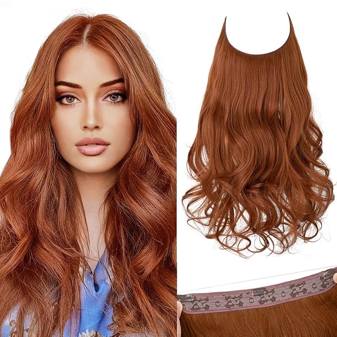 SARLA Invisible Wire Hair Extensions with 3 Clips Long Synthetic Wavy Curly Hairpiece Adjustable Transparent Headband for Women 18 Inch Copper Red