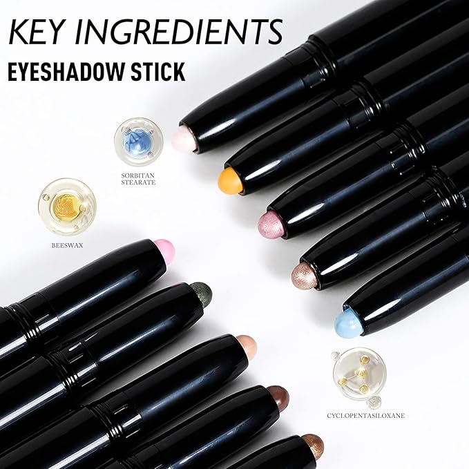 Champagne Pink Shimmer Eyeshadow Stick, Waterproof Cream Eye Shadow Pencil Long-Lasting Crease-Proof Glitter Eyeshadow Crayon Smooth High Pigmented Highlighter Neutral Eye Shadow Liner Makeup