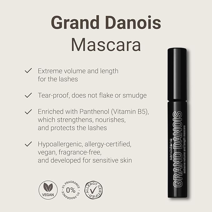Sandstone Scandinavia Hypoallergenic Mascara for Sensitive Eyes – Black – Smudge-Proof & Sweat-Resistant – Lengthening & Volumizing – Vegan, Fragrance-Free