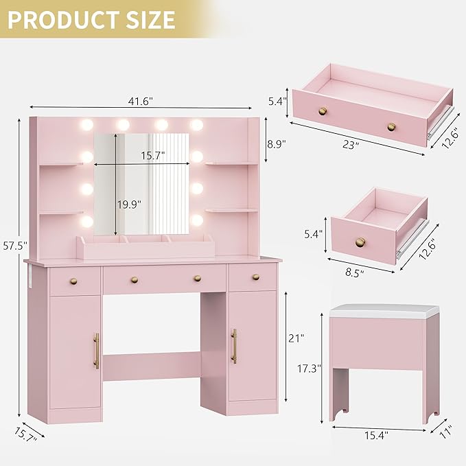 Vanity Desk with Mirror and Lights, 43'' Pink Makeup Dressing Table Set with 5 Drawers & Chair, Power Outlet, 3 Lighting Modes Adjustable Brightness & RGB LED for Women Girls Bedroom Bathroom