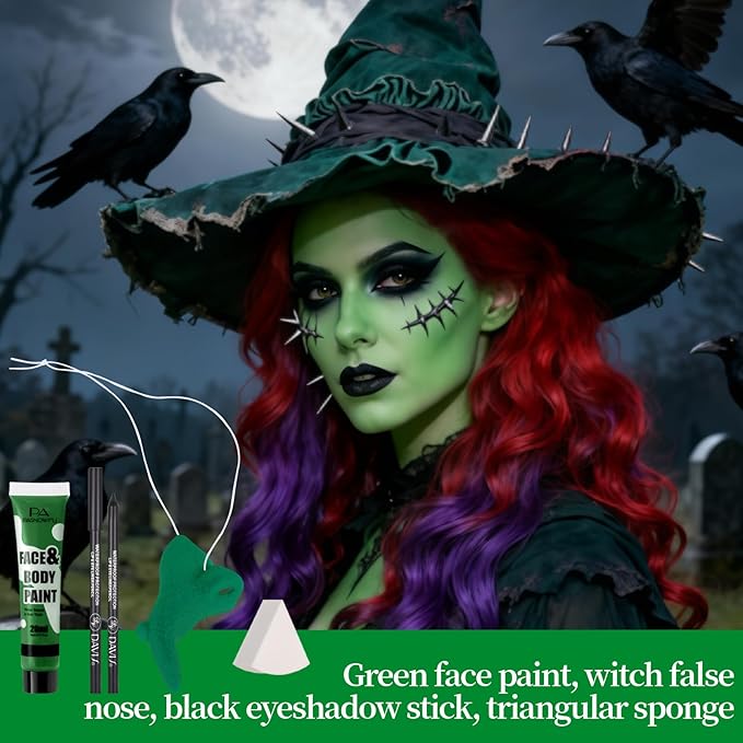 Halloween Makeup Kit for Witch, Complete SFX Costume Set with Green Face Paint, Witch Fake Nose, Water-Based Face Paint Set for Halloween Cosplay SFX Makeup, Costume Parties, Theater