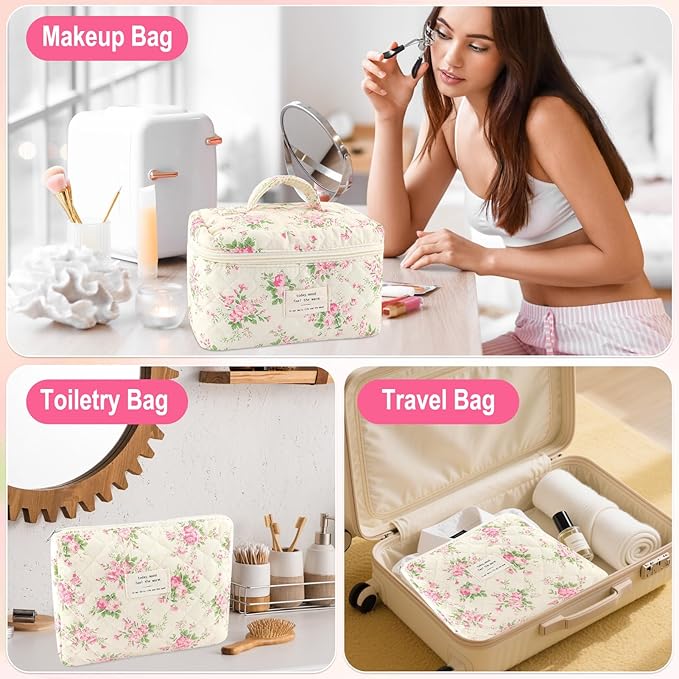 URSKYTOUS 2Pcs Cotton Quilted Makeup Bag for Women Extra Large Small Travel Cosmetic Bag Set Cute Pink Floral Print Makeup Pouch Portable Toiletry Bag Organizer Coquette Vintage Puffy Travel Essential