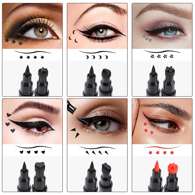 Pinkiou 6Pcs Eyeliner Stamp Pen Set, Long-lasting Eye Liner Pencil for Eye Makeup,Waterproof Double-Sided Liquid Eyeliner Stamp Pen Set for Beginners,Black&Red Heart, Star, Plum,Triangle and Moon