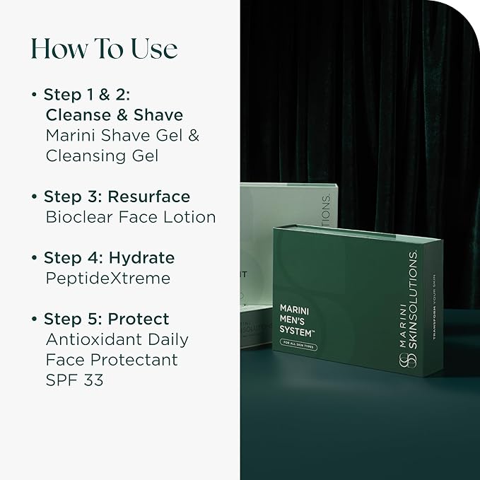 Marini SkinSolutions Men’s System - Cruelty Free - Includes Shave & Cleansing Gel, Bioclear Face Lotion, PeptideXtreme, and Antioxidant Daily Face Protectant SPF 33 - Made in the USA