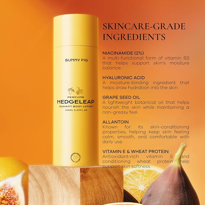 HedgeLeap Scented Body Lotion – Fragrance Moisturizer Cream Hydrating Formula Warm Fruity & Woody Perfume Scent | 2% Niacinamide & Hyaluronic Acid | Sunny Fig, 150 ml
