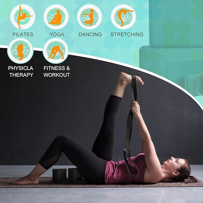 Meooeck 18 Pcs Yoga Block and Strap Set 9 x 6 x 3 Inch EVA Foam Non Slip Brick 8 ft Yoga Straps for Stretching D Ring Design Christmas Fitness Gifts for Women Pilates Workout Exercise