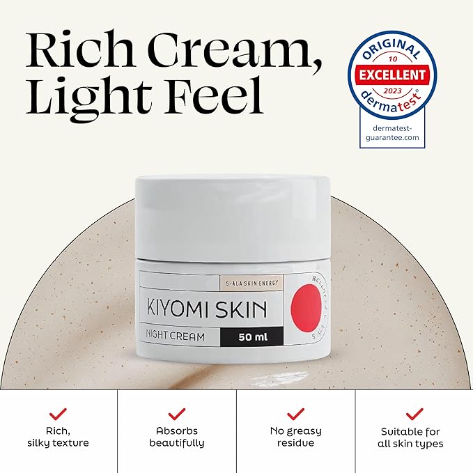 Kiyomi Skin Night Cream - Overnight Facial Cream with 5-ALA, Hyaluronic Acid, Ceramides and Shea Butter - Deep Hydration Over Night Moisturizer for Skin Regeneration - German Made - 1.7 Fl Oz