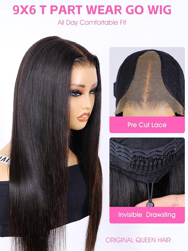 ORIGINAL QUEEN Straight Wear Go Glueless Wigs Human Hair Upgrade 9x6 T-Part Pre Cut Lace Straight Wig Pre-Plucked Flip Over Beginner Friendly with Drawstring 180% Density 28 Inch
