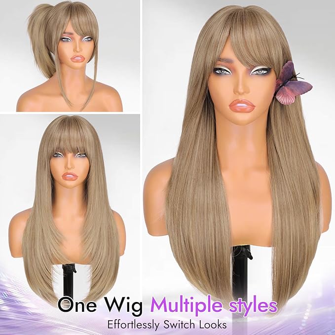 Long Golden Blonde Wig with Bangs for Women,4x4 Realistic Scalp,Free Parting,Layered Hairstyle Synthetic Heat Resistant for Daily Party Use 26 inch